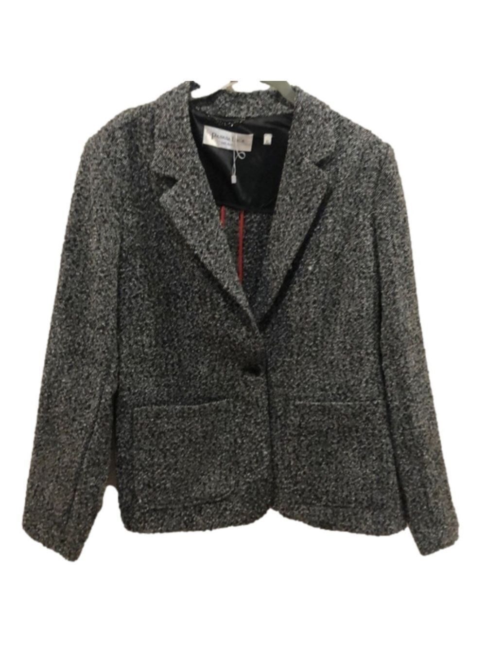 PATRIZIA Luca Wool Blend tweed unlined blazer in black/white. Size XL